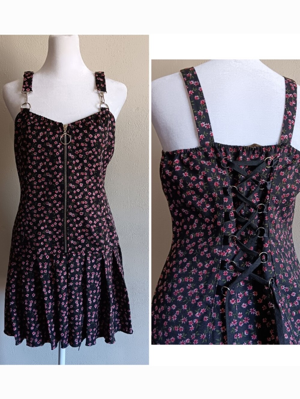 Corset Back Lace Up Mini Dress, Black  & Pink Floral,Womens XL, Punk Goth Biker